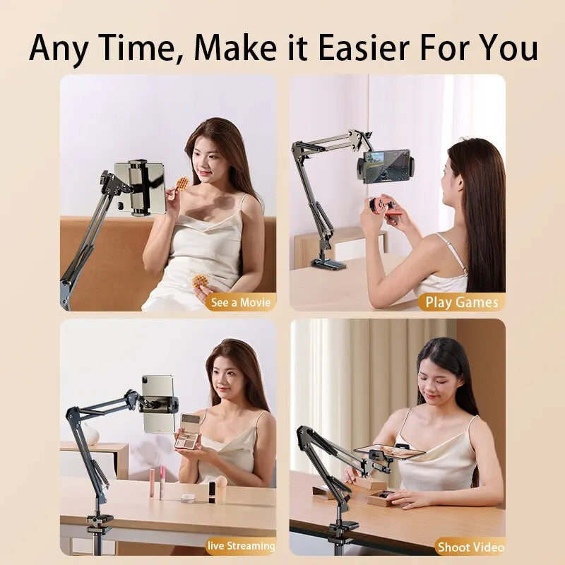 Rotatable Long Arm Tablet & Phone Stand: 180° Adjustable Holder for iPad, Xiaomi, and More (4-12.9