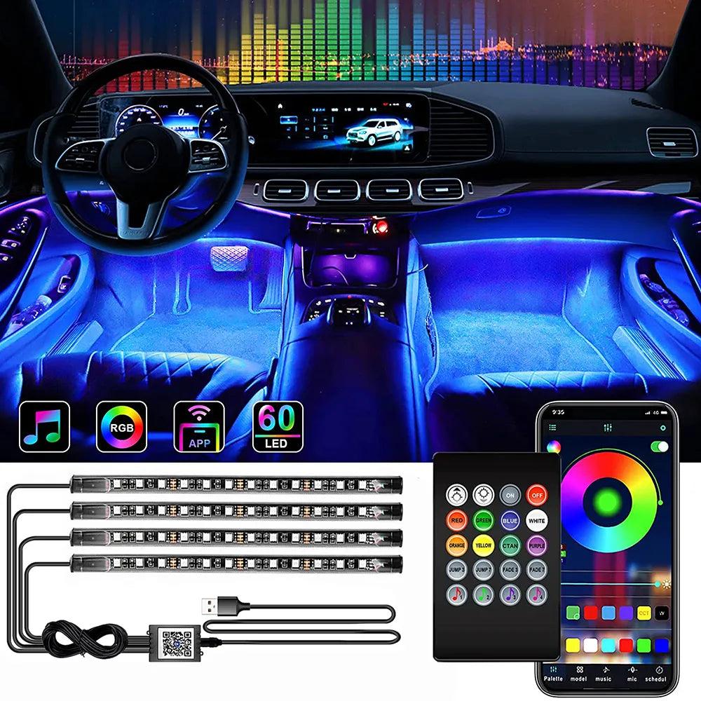 LED Car Interior Light Kit: Remote-Controlled RGB Lamps