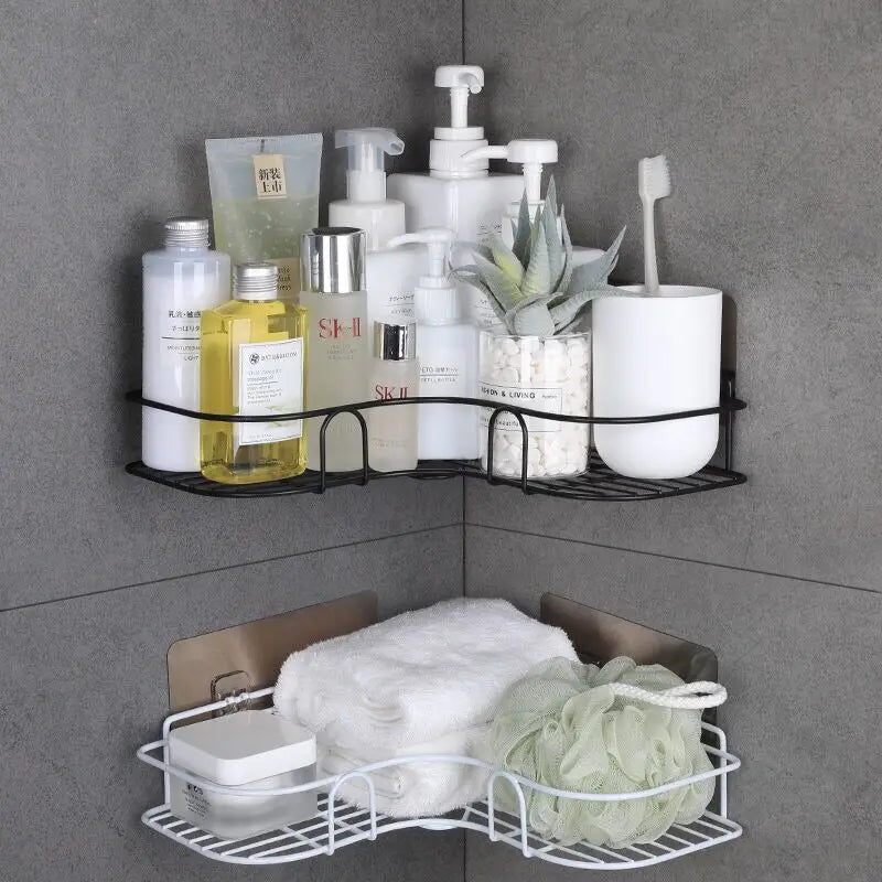 Wall Mounted Bathroom Corner Storage Rack: Shampoo Holder and Shower Drain Basket