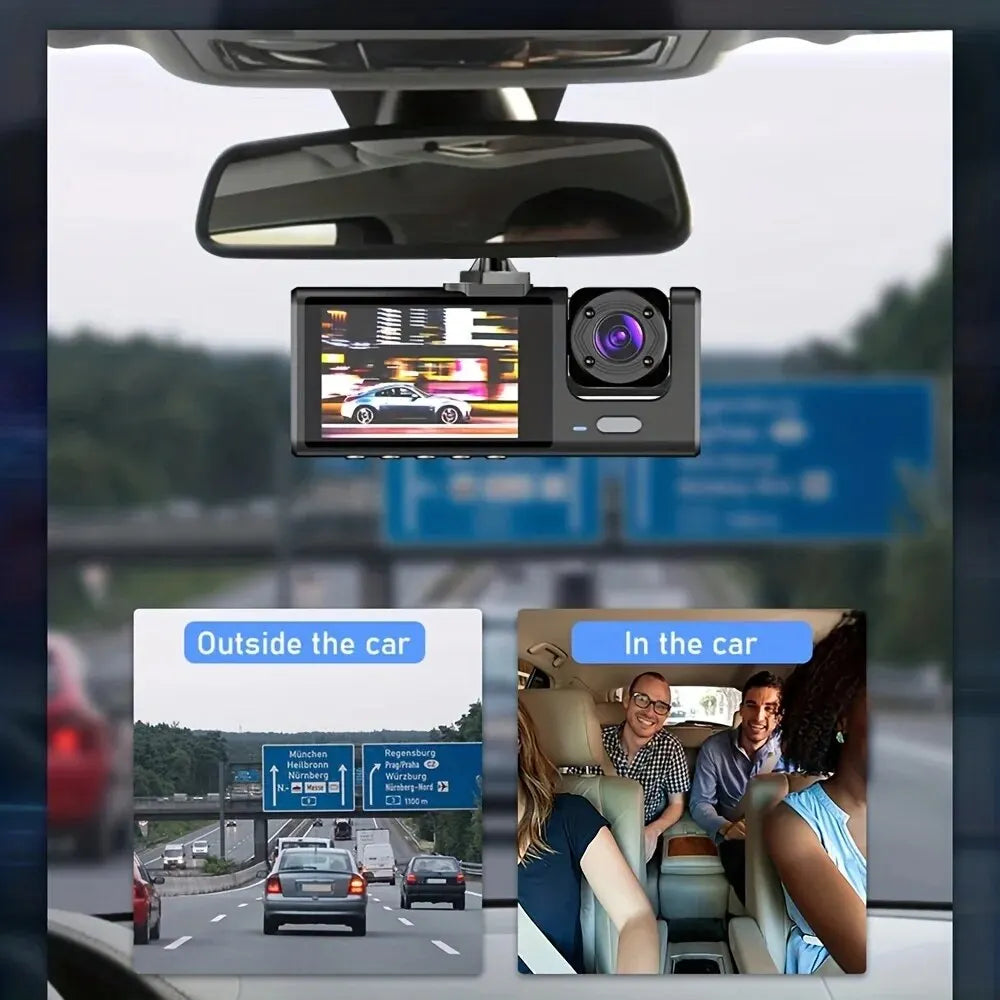 Dash Cam with IR Night Vision: Triple-Camera Surveillance!