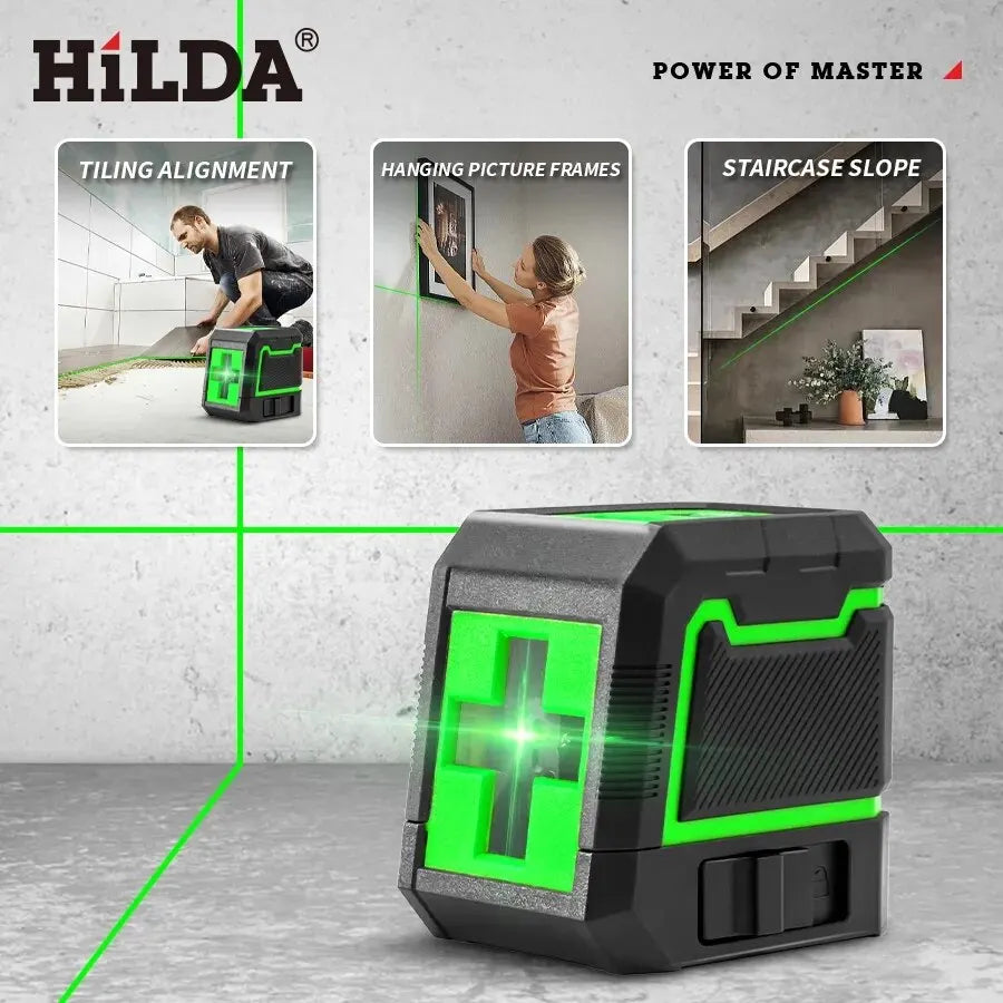 HILDA 2 Lines Laser Level: Self-Leveling Horizontal and Vertical Cross with Super Powerful Green Laser Beam