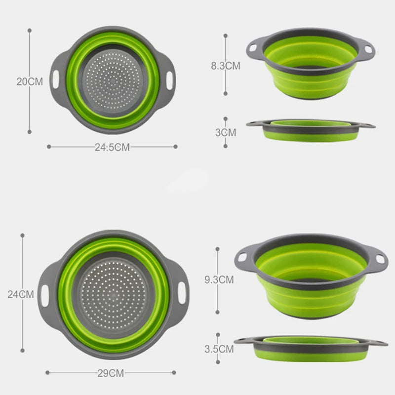 Silicone Round Folding Drain Basket Colander - 1 or 2pcs Collapsible Strainers for Washing Vegetables and Fruits, Essential Kitchen Tools