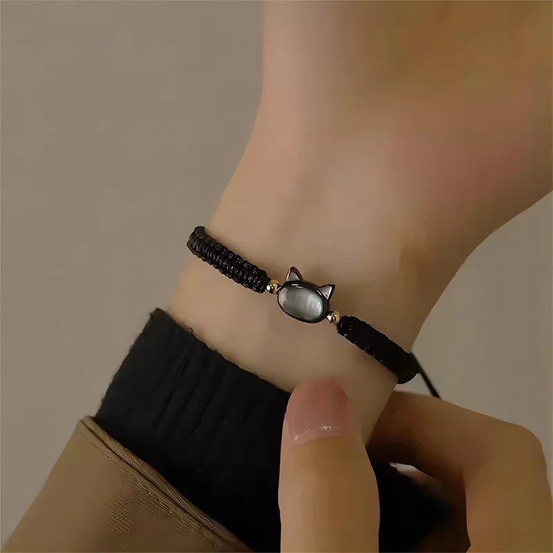 Moonstone Obsidian Cat Bracelet: Handmade Fidget Jewelry