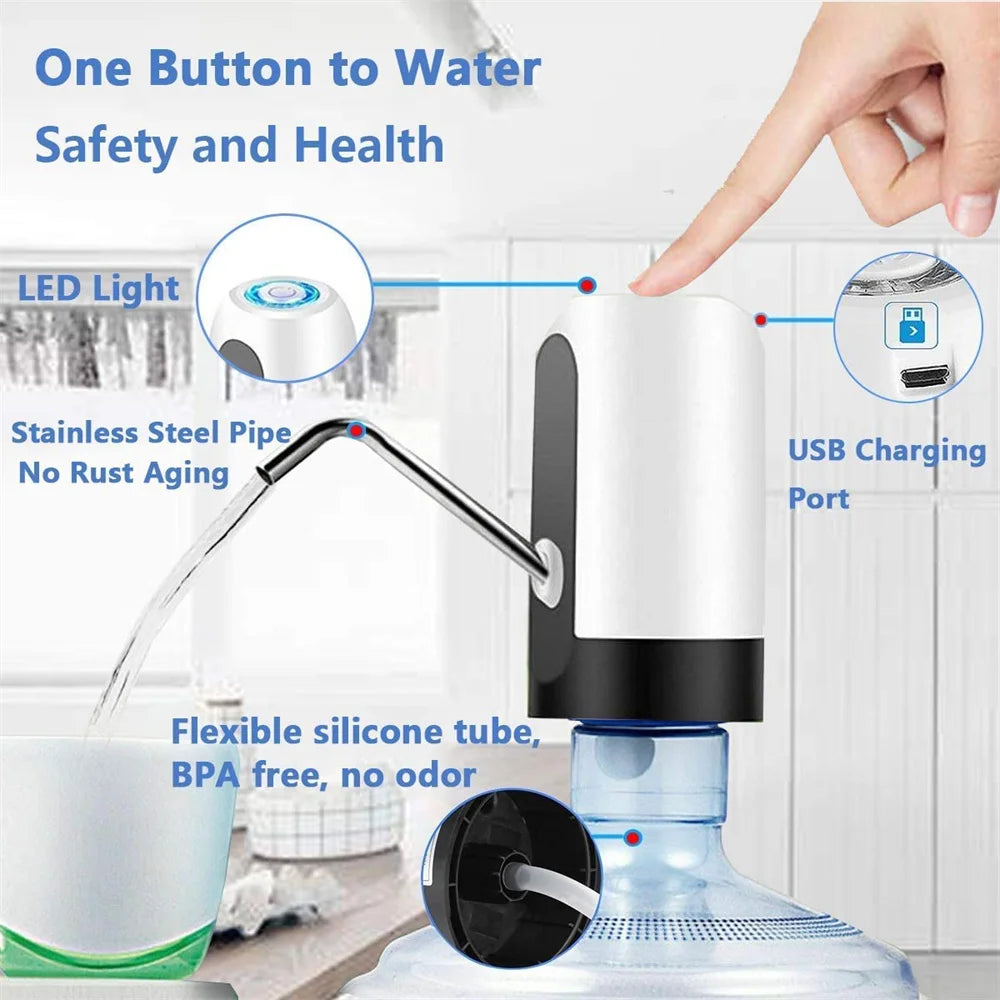 USB Rechargeable Electric Water Dispenser Pump for 5 Gallon Bottles with Extension Hose - Portable and Convenient