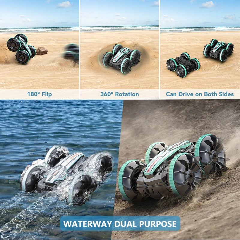 Amphibious RC Stunt Car: Double-sided Flip, Remote Control Fun for Boys