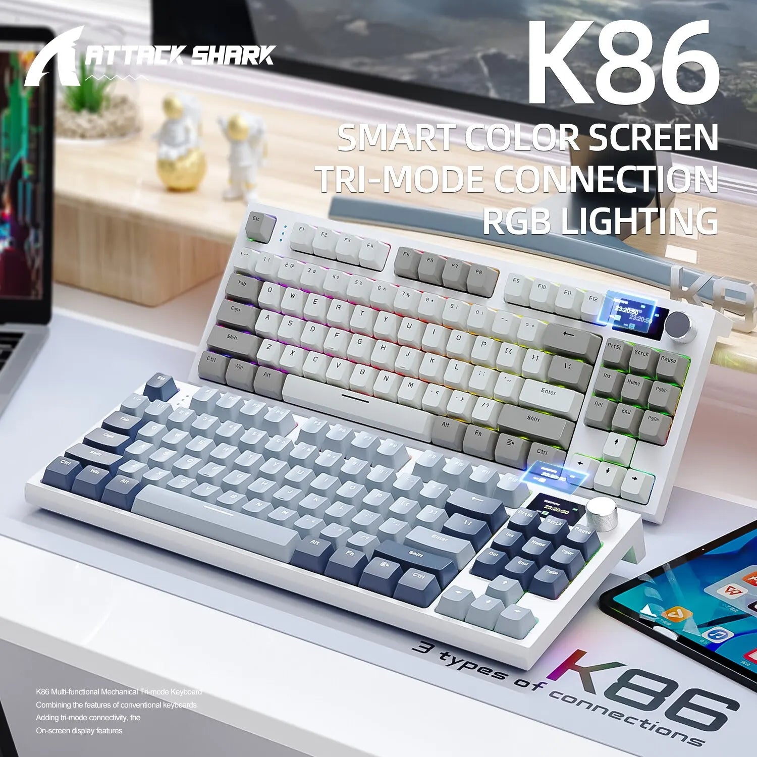 K86 Wireless Hot-Swappable Mechanical Keyboard: Bluetooth/2.4G, Display Screen, Volume Rotary Button