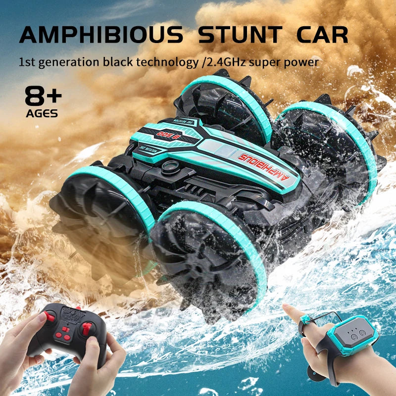 Amphibious RC Stunt Car: Double-sided Flip, Remote Control Fun for Boys