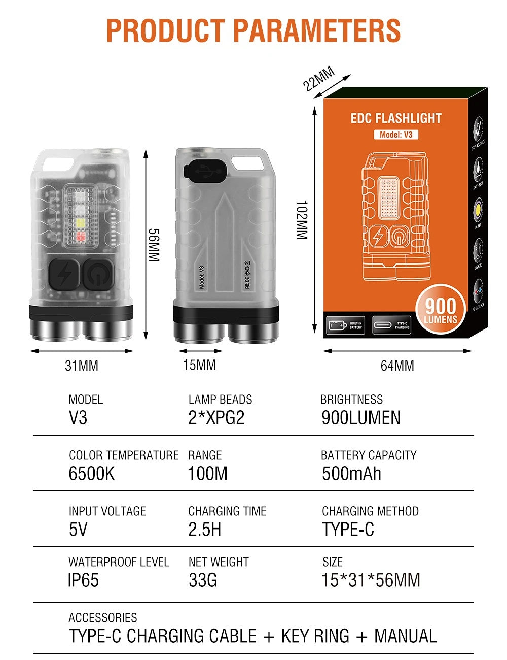 V3 EDC Flashlight: Compact, Super Bright, USB Rechargeable