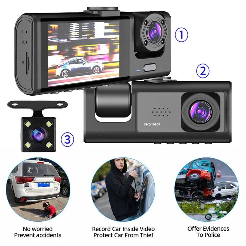 Dash Cam with IR Night Vision: Triple-Camera Surveillance!